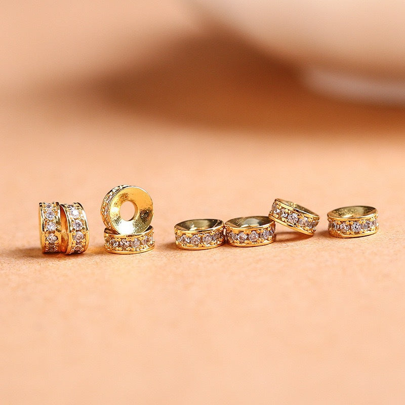 [E354] Pave CZ Rondelle Spacer Beads, Gold Plated Brass
