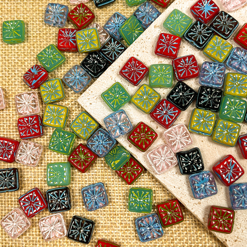 New!🆕[B173] Firework Square Glass Beads Charms