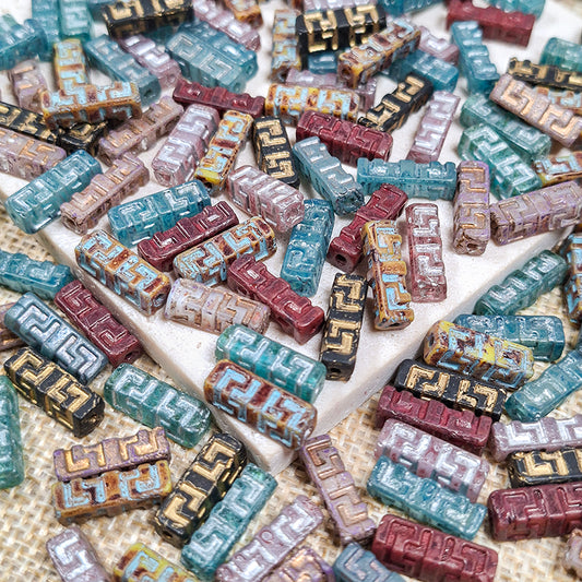 New!🆕[B455] Vintage Maze Rectangle Glass Beads (4.5*14mm Glass)