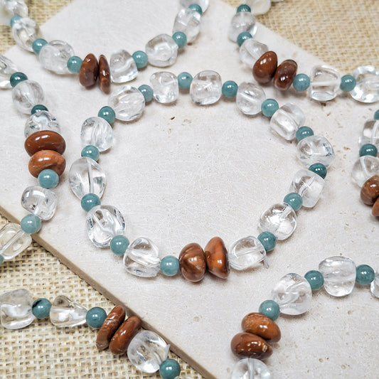 New!🆕[B472] Aqua Quartz Coco Bracelet | Freeform Clear Quartz, Blue Water Jadeite & Natural Coco Shell