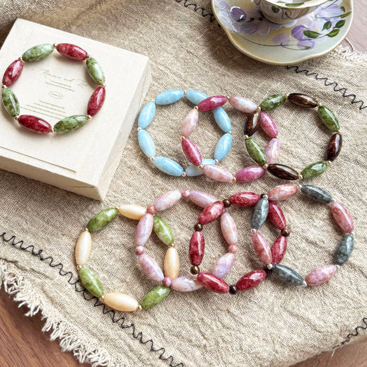 New!🆕[B532] Oil‑Painting Oval Rice Beads (24mm*10mm,Glass)