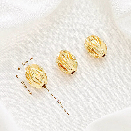 🆕[E373] 7*10mm 18K Gold Plated Brass Wrinkled Olive Spacer Beads