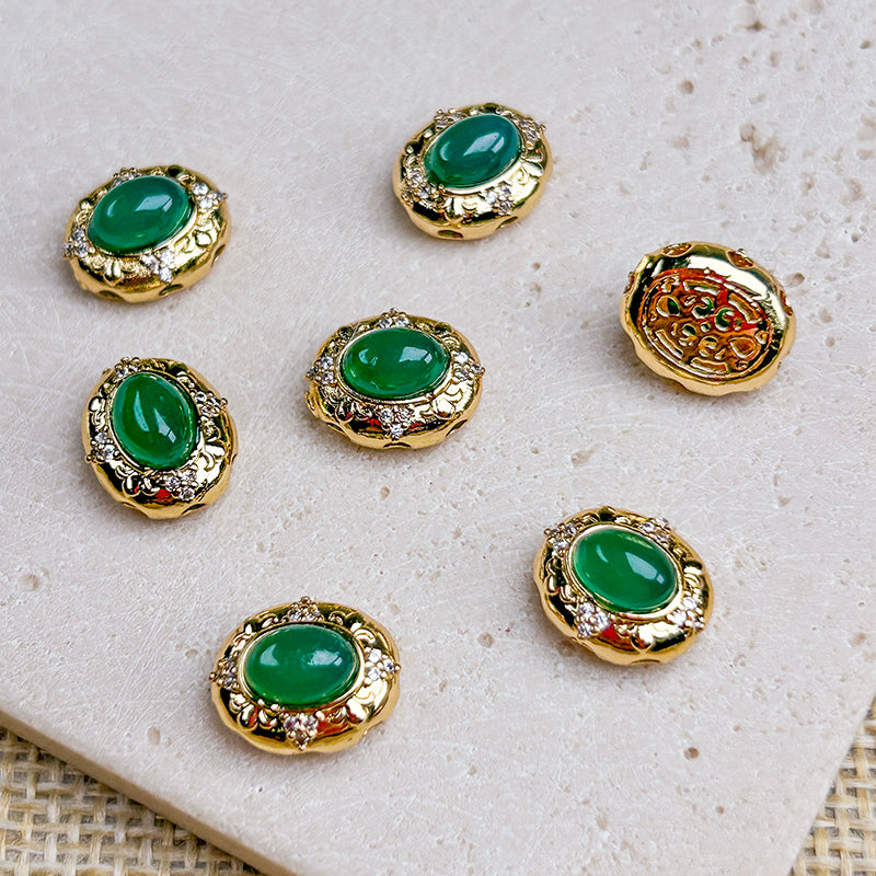 New!🆕[E391] 10*12mm Brass Inlaid Green/Red Agate Oval Spacer Beads