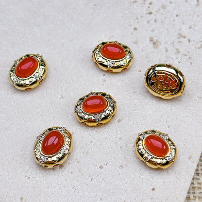 New!🆕[E391] 10*12mm Brass Inlaid Green/Red Agate Oval Spacer Beads
