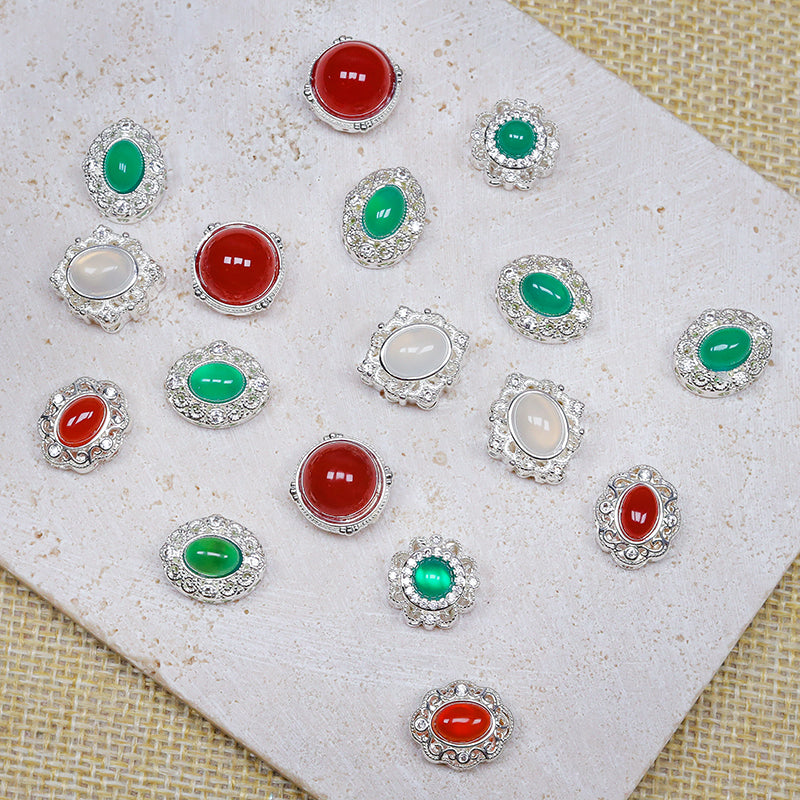 [N114] White,Red&Green Agate Copper Charm With Multiple Holes