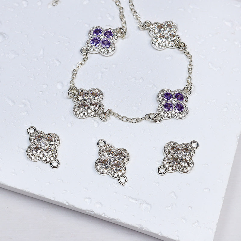 [E286] Silver Plated Copper Cubic Zirconia Clover Charm