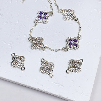 [E286] Silver Plated Copper Cubic Zirconia Clover Charm