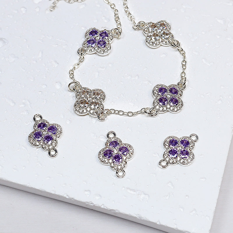 [E286] Silver Plated Copper Cubic Zirconia Clover Charm